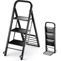 Goplus - Escabeau Pliable à 3 Marches, Chariot Echelle 2 en 1 avec 2 Roues en Caoutchouc, Chariot Utilitaire en Fer avec Escabeau Pieds