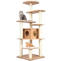 GOPLUS Grand Arbre a Chat 175 CM en Bois, 6 Niveaux, avec Plateformes, Coussins Confortables, Poteaux en Sisal, Conception Anti-Bascule, Naturel