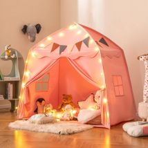 Grande Tente Enfant, Cabane Enfant Interieure Exterieur avec Lumières, Drapeaux, 2 Portes, 2 Fenêtres, Tente Tipi Lavable en Machine, Tente de Jeu