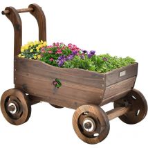 GOPLUS Jardinière en Forme de Chariot à 4 Roues, Décoration de Jardin en Bois avec 2 Trous de Drainage, 68 x 38,5 x 53,5 CM, Marron