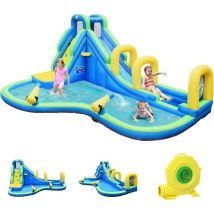Goplus - Jeux de Piscine Château Gonflable Impermeable avec Toboggan et Filet de Protecteur,Aire de Jeux Gonflable avec souffleur