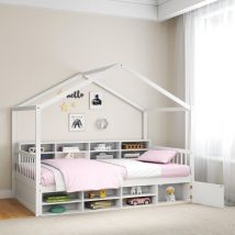 Lit Cabane Enfants 90 x 200 cm avec Etagères de Rangement Range Chaussures, Cadre de Lit Enfnats Bois avec Casiers et Armoire, Plateforme à Lattes en