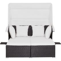 Goplus - Lit de Jour en Rotin Extérieur avec Auvent Rétractable, Coussin et Oreiller Lavables, Plateaux Latéraux Pliables, Mobilier en Rotin pour