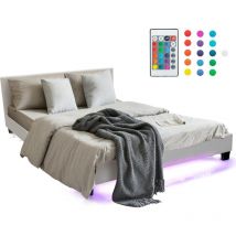 Lit Double Moderne Lumières d'Ambiance 4 Modes 16 Couleurs et Vitesse Ajustable,Télécommande, Cadre en Bois avec Charge 200KG, 210X145X66CM,Blanc