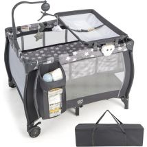 Lit Parapluie Bebe Pliable et Portable avec Grande Contenance, avec Jouets, Roues avec Frein, Boîte a Musique Flash, Table a Langer, Sac sur Cote,