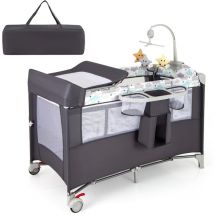 Lit Parapluie Bébé avec Matelas, 5 en 1 Berceau Bébé Evolutif avec Table à Langer, Jouets, Roues Verrouillables, Lit de Voyage avec Sac de Transport