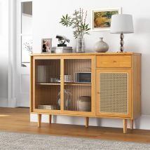Goplus - Meuble de Rangement en Rotin, Buffet de Cuisine avec Portes Coulissantes en Verre Trempé, Tiroir, Meuble de Rangement en Bambou Naturel pour