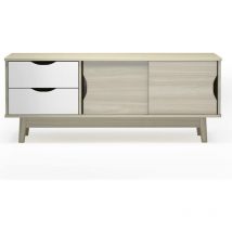 Meuble tv pour tv de 152 cm, Table de Télévision avec 2 Tiroirs et 2 Portes Coulissantes, Charge de 60 kg, Banc tv Bas Multifonctionnel, avec Trou