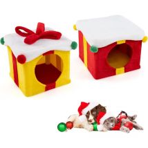 Niche pour Chat Noël à 2 Niveau Design Modulaire, Niche Douce et Pelucheuse pour Chats Forme de Boîte Cadeau, Tissu en Peluche, pour Chats pour Noël