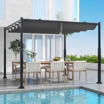 Goplus - Pergola Terrasse 3,1 x 3,1 m avec Auvent Rétractable Coulissante, Pergola Extérieure en Métal Robuste avec Pare-Soleil avec Piquets de Sol,