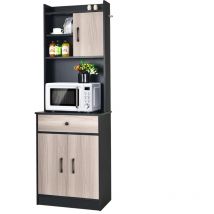 Goplus - Buffet de Cuisine - L60xP40xH180 cm - 3 Portes 1 Tiroir - Etagère et Plateau - Armoire de Rangement de Cuisine - Noir+Chêne