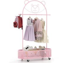 Goplus - Portant à Vêtements pour Enfant à Roulettes, Porte-Habits avec Panier de Rangement, 3 Hauteurs Réglables, Porte-Vêtements Suspendu en Métal
