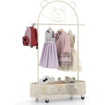Goplus - Portant à Vêtements pour Enfant à Roulettes, Porte-Habits avec Panier de Rangement, 3 Hauteurs Réglables, Porte-Vêtements Suspendu en Métal