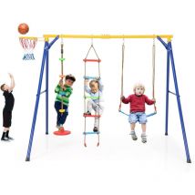 Goplus - Portique Balançoire Exérieur Enfants 3-9 Ans avec Nid/Panier de Basket/Balançoire/Échelle d'Escalade/Balançoire à Corde