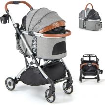 Goplus - Poussette pour Animaux 3-en-1, Poussette Pliant de Transport à 4 Roues pour Chat / Chien avec Panier de Rangement, Gris