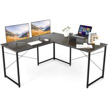 Goplus - Scrivania Angolare, con Supporto per Monitor e Fori per Cavi, Telaio in Tubo di Ferro, Poggiapiedi Regolabili, per Studio, Camera da Letto,