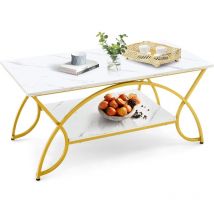Goplus - Table Basse à 2 Niveaux, Table Basse Moderne Réglable avec Cadre Doré en Métal, 50P x 100l x 45H cm, Charge Max 70 kg, Blanc