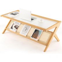 Goplus - Table Basse en Bambou et Verre Transparent Dépoli 120x56x44,5CM,avec Porte-revues en Rotin Tressé Charge 50KG