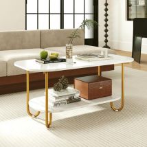 Goplus - Table Basse Ovale à 2 Niveaux 100x50x45CM-Plateau en Faux Marbre et Etagère Ouverte-Charge 50+25KG-4 Patins de Protection