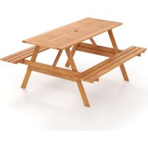 Goplus - Table de Pique-Nique avec Bancs en Bois, Table de Salle à Manger d'Extérieur Rectangulaire pour 6 Personnes avec Trou pour Parasol, pour