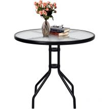 Tavolo da Giardino, Tavolino Rotondo con Piano in Vetro, Struttura in Metallo, Foro per Ombrellone da 43 mm, Design Moderno con Motivo a Onde
