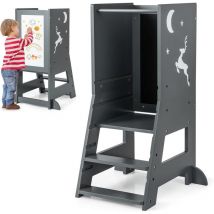 Goplus - Torre di Apprendimento per Bambini, Torre da Cucina in Legno con Lavagna, 3 Penne, Piattaforma e Gradino Regolabili, Ringhiera di Sicurezza