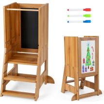 Goplus - Tour d'Observation Montessori Enfants Bois avec Tableau Blanc, Tableau Noir, 3 Feutres, Tour d'Apprendissage Plate-Forme et Marches
