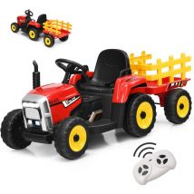 Tracteur électrique Enfant avec Remorque, Batterie 12V, Roue Motrice Arrière et Phare à led et Musique, Ceinture de Sécurité et Télécommande, pour