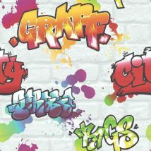 White graffiti brick wall effect teenage,kids room wallpaper 272901 - Rasch