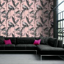 Belgravia Decor - Belgravia Azzura Leaf Blush Pink Metallic Silver Tropical Birds Leaf Wallpaper
