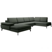 Vente-unique - Grand canapé d'angle droit panoramique convertible en tissu texturé vert archibald