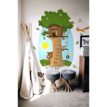 Grand papier peint panoramique découpé, cabane pour enfant avec un arbre découpé et des animaux de la forêt, 146,5 cm x 83 cm