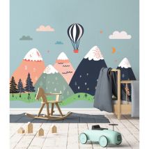 Grand Décor Panoramique Découpé, Chambre Enfant Déco, Paysage de Montagne, Montgolfière
