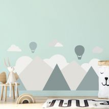 Grand Décor Panoramique Découpé, Déco Chambre Bébé, Gris Clair, Bleu, Montagne, Montgolfière