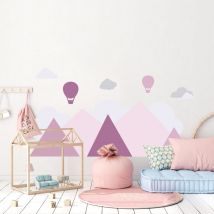 Grand Décor Panoramique Découpé, Décoration Chambre Bébé, Rose, Montagne, Montgolfière