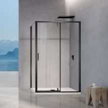 Grand Verre - Cabine de douche pivotante avec élément fixe et paroi latérale hauteur 195cm accessoires en noir mat 120x80