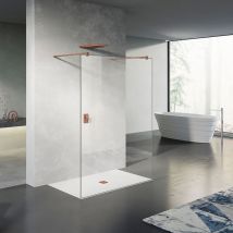 Grand Verre - Paroi de douche fixe avec deux barres de fixation 140cm en aluminium rose d'or 90x200