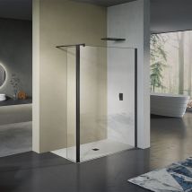 Grand Verre - Paroi de douche italienne avec retour pivotant 30cm et barre de fixation 90cm en alu noir mat 80x200