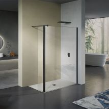 Grand Verre - Paroi de douche italienne avec retour pivotant 40cm et barre de fixation 90cm en alu noir mat 60x200