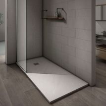 Grand Verre - Receveur de douche blanc surface ardoisée antidérapante avec bonde et grille en inox 70x100