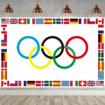 Grande bannière décorative olympique, anneaux olympiques, fond international, décoration murale (180 x 110 cm)