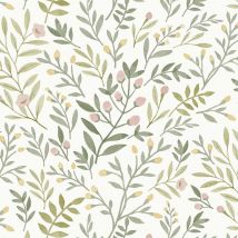 Grandeco Inia Leafy Trail Sage Pink Scrubbable Paste The Wall Wallpaper Vinyl