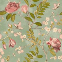 Grandeco - Lola Green Wallpaper Floral Flowers Plants Modern Contemporary Trendy