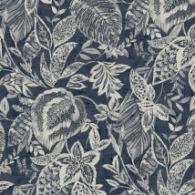 Grandeco - Mae Blue Tropical Leaf Wallpaper Modern Contemporary Paste The Wall