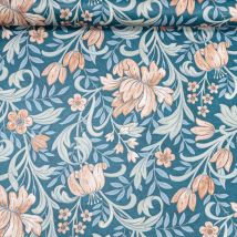 Grandeco - Teal Blue Floral Wallpaper Smooth Matte Green Leaf Rust Orange Flowers