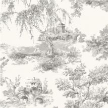 Grandeco - Toile Grey Wallpaper Monochromatic Village Etched Style Paste The Paper