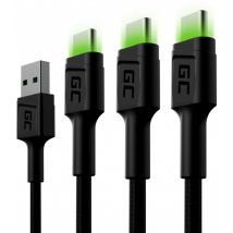 Green Cell 3x jeu de câbles USB-A - USB-C Typ-C 2m avec rétro-éclairage LED Chargeur Cable noir compatible pour Samsung Galaxy S23 S22 S21 S20 Ultra