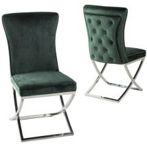 Green Velvet Tufted Back Set of 2 Dining Chair with Cross Legs - green