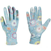 Greengers - gants de travail, jardinage - gants jardinage en polyester enduits de nitrile bleu - motif fleurs - taille T8 - unis