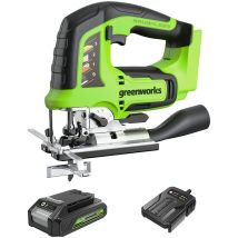 Greenworks Gd24jsk2 Seghetto Alternativo A Batteria Con 2 Lame, 3000 Colpi/min., Base Regolabile Fino A 45°, Attacco Aspiratore Più Batteria 24v 2ah E